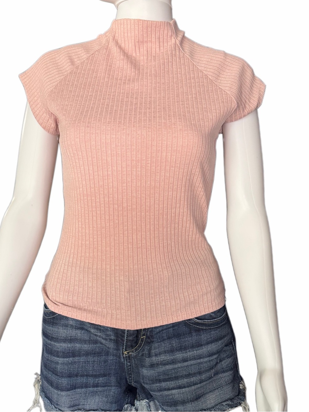 Jolie Pink Ribbed Mock Neck Cap Sleeve Top Size Small Y2K Stretch Knit